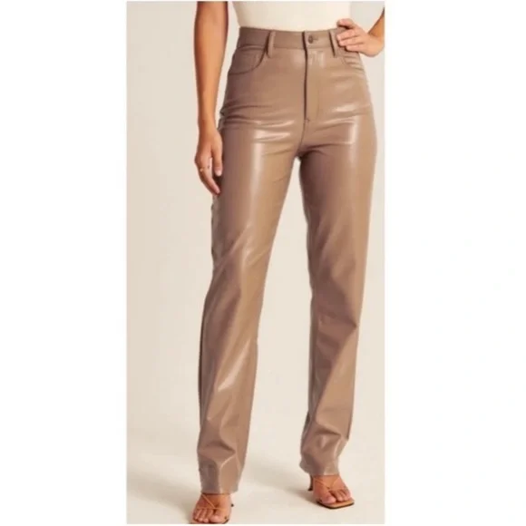 Abercrombie & Fitch 90’s Straight Ultra High Rise Tan Vegan Leather Pants 28 6S - Picture 2 of 10